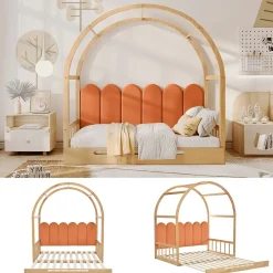 Lit cabane enfant extensible 140x100-200 cm avec lit gigogne, cadre en pin, coussins en velours, coloris bois naturel et orange