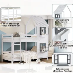 Lit Cabane enfant 90x200 cm - Lit Superposé avec Fenêtres et Garde-Corps Sécurisé, Maison en Pin Massif, Sans Matelas - Blanc
