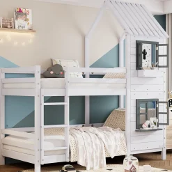 Lit Cabane enfant 90x200 cm - Lit Superposé avec Fenêtres et Garde-Corps Sécurisé, Maison en Pin Massif, Sans Matelas - Blanc