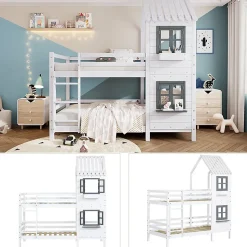Lit Cabane enfant 90x200 cm - Lit Superposé avec Fenêtres et Garde-Corps Sécurisé, Maison en Pin Massif, Sans Matelas - Blanc