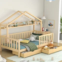 Lit cabane enfant 90x200cm - avec 2 tiroirs - bois massif avec sommier à lattes - naturel (sans matelas)