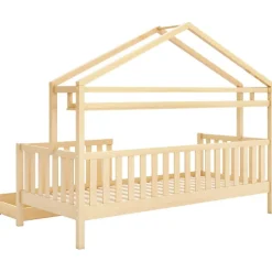 Lit cabane enfant 90x200cm - avec 2 tiroirs - bois massif avec sommier à lattes - naturel (sans matelas)
