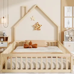 Lit cabane enfant 140x190cm - sommier à lattes - 1 porte - naturel (matelas non inclus)