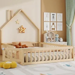 Lit cabane enfant 140x190cm - sommier à lattes - 1 porte - naturel (matelas non inclus)