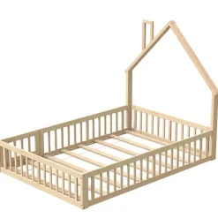 Lit cabane enfant 140x190cm - sommier à lattes - 1 porte - naturel (matelas non inclus)