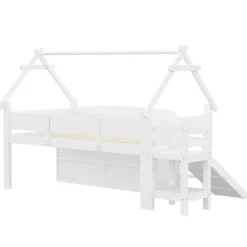 Lit cabane enfant 90x200cm - toboggan - 2 tiroirs - barrières de sécurité - blanc (matelas non inclus)