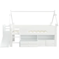 Lit cabane enfant 90x200cm - toboggan - 2 tiroirs - barrières de sécurité - blanc (matelas non inclus)