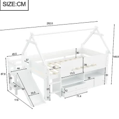 Lit cabane enfant 90x200cm - toboggan - 2 tiroirs - barrières de sécurité - blanc (matelas non inclus)