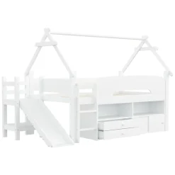 Lit cabane enfant 90x200cm - toboggan - 2 tiroirs - barrières de sécurité - blanc (matelas non inclus)