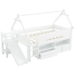 Lit cabane enfant 90x200cm - toboggan - 2 tiroirs - barrières de sécurité - blanc (matelas non inclus)