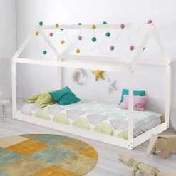 Lit cabane enfant 90x200cm bois massif PANDOU Blanc inclus sommier
