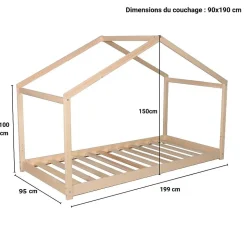 Lit cabane enfant 90x190cm bois massif KITO Naturel inclus sommier