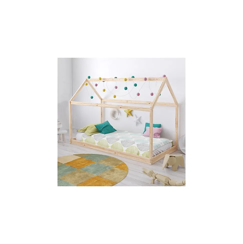 Lit cabane enfant 70x140cm bois massif PANDOU Naturel inclus sommier