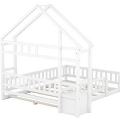 Lit cabane enfants 140 x 200 cm avec rangements et garde-corps avec tables de chevet, blanc