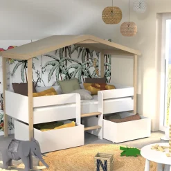 Lit cabane hauteur 90x200cm bois massif POLI naturel blanc inclus sommier et 2 tiroirs