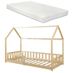 Lit cabane Hesel avec matelas à mousse froid 90 x 200 cm naturel en.casa