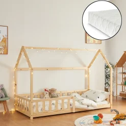 Lit cabane Hesel avec matelas à mousse froid 90 x 200 cm naturel en.casa