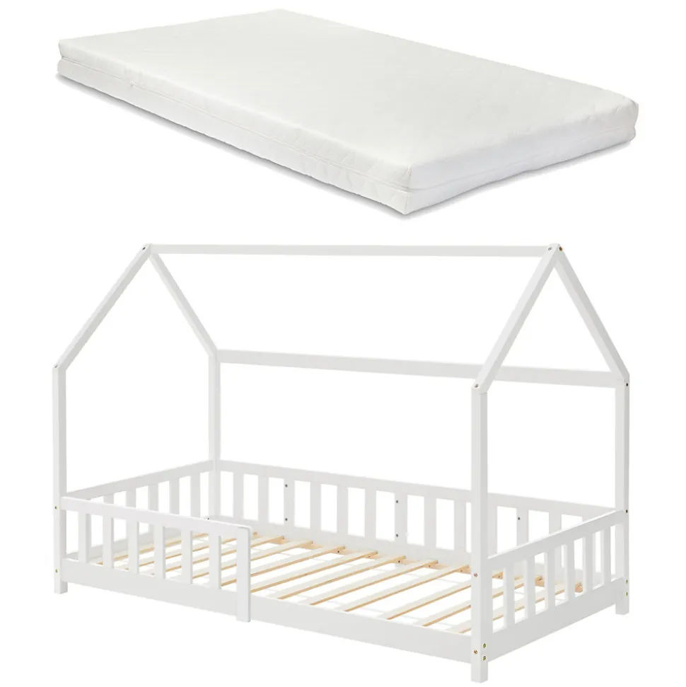 Lit cabane Hesel avec matelas à mousse froid 90 x 200 cm blanc en.casa