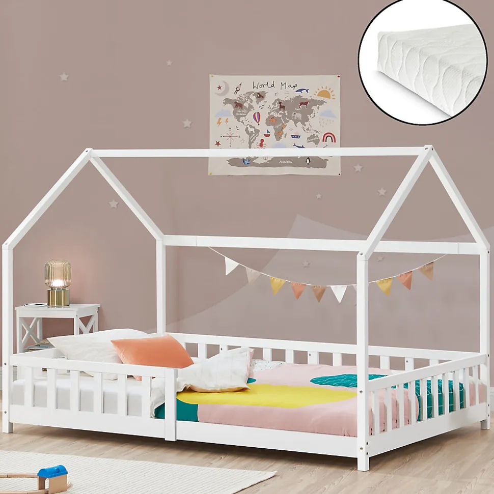 Lit cabane Hesel avec matelas à mousse froid 90 x 200 cm blanc en.casa