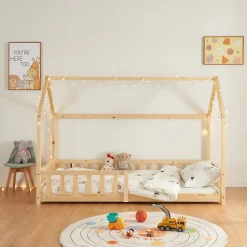 Lit cabane Hesel pour enfants bois de pin 90 x 200 cm naturel en.casa