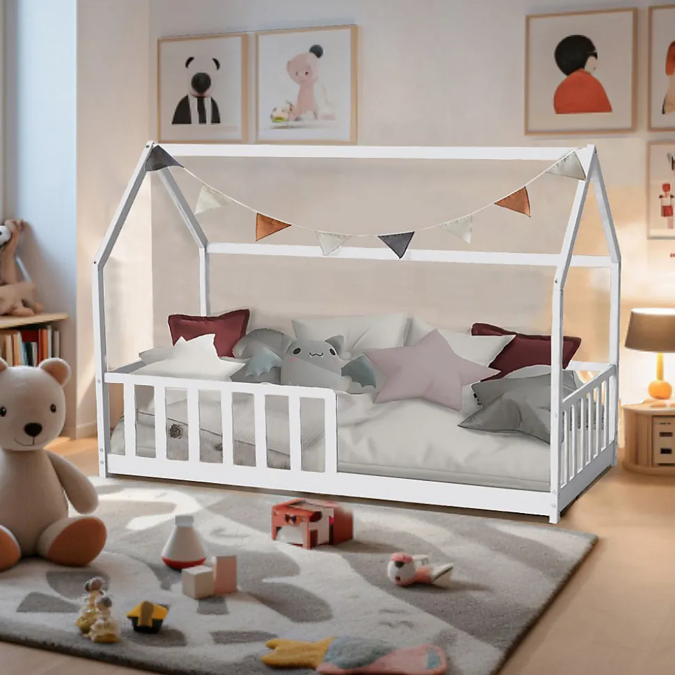 Lit cabane Kiwi 90x190 avec sommier et matelas /Blanc