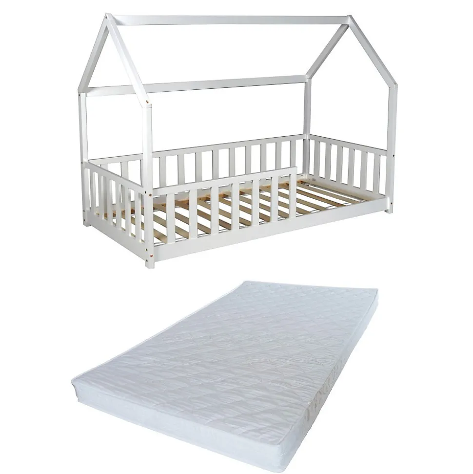 Lit cabane Kiwi 90x190 avec sommier et matelas /Blanc