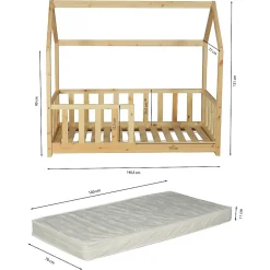 Lit cabane Kiwi 70x140 avec sommier et matelas /Naturel