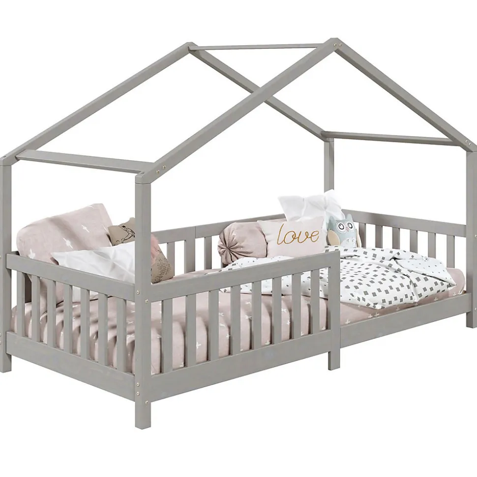 Lit cabane LISAN 90 x 190 cm, en pin massif lasuré gris