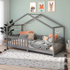 Lit cabane LISAN 90 x 190 cm, en pin massif lasuré gris