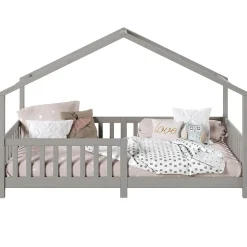 Lit cabane LISAN 90 x 190 cm, en pin massif lasuré gris