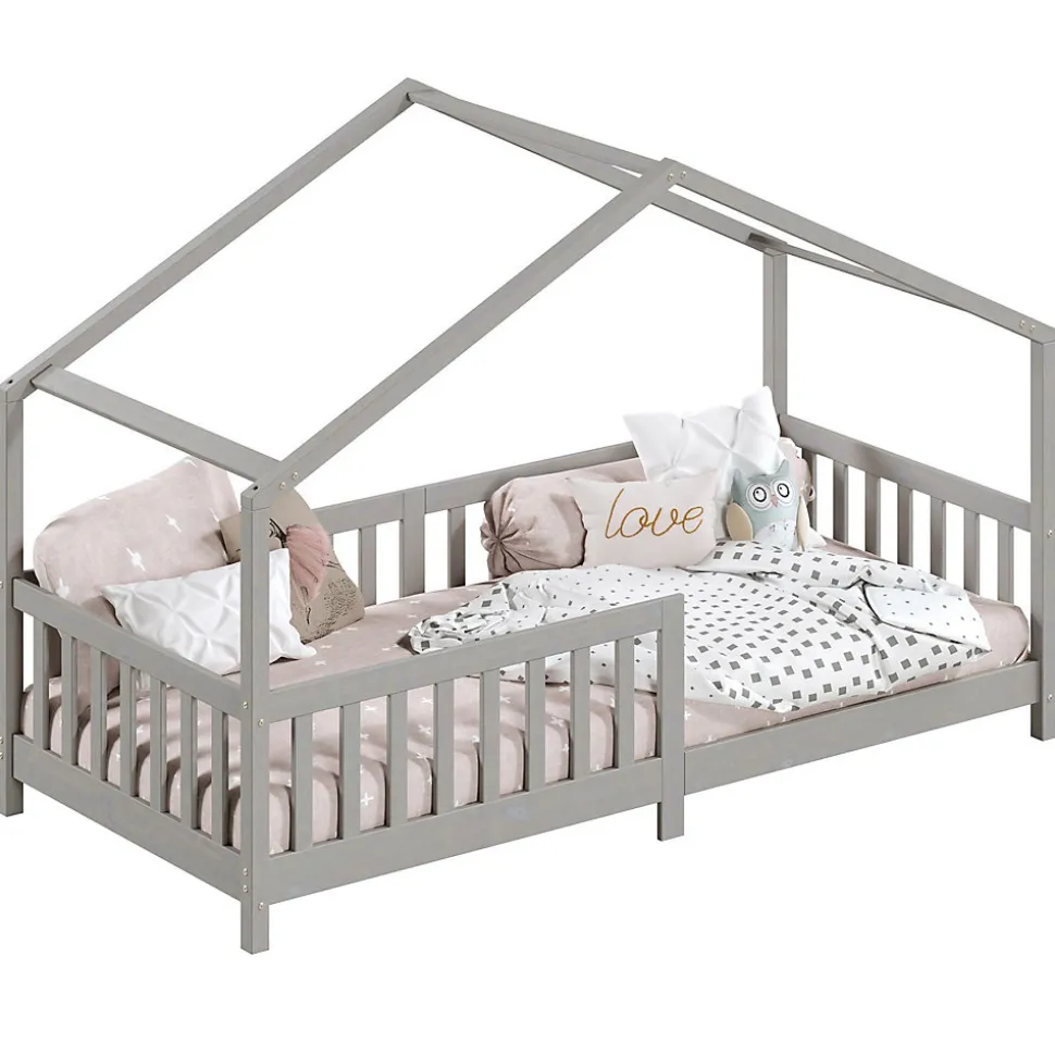 Lit cabane LISAN 90 x 190 cm, en pin massif lasuré gris