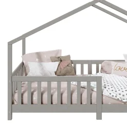 Lit cabane LISAN 90 x 190 cm, en pin massif lasuré gris