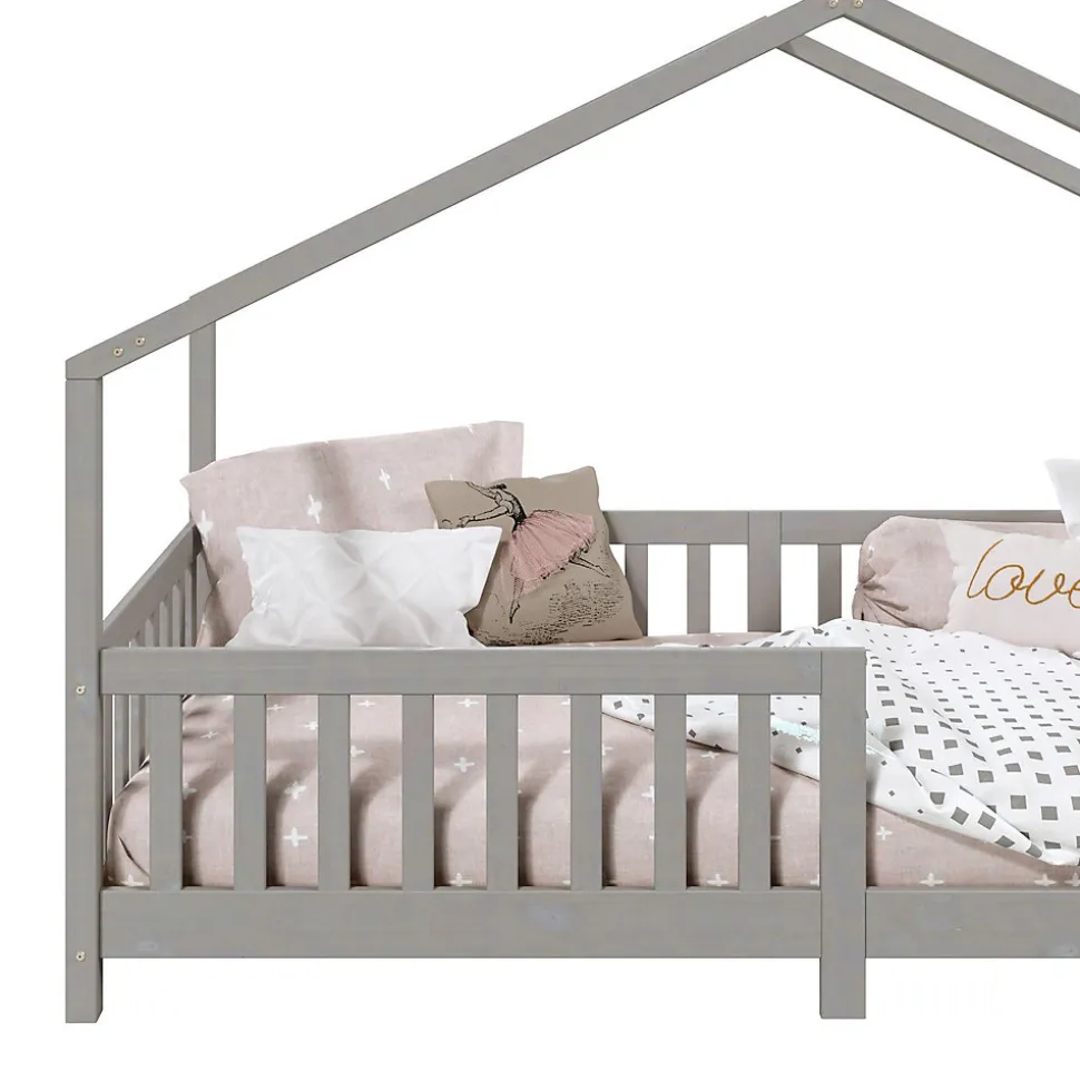 Lit cabane LISAN 90 x 190 cm, en pin massif lasuré gris