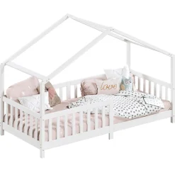 Lit cabane LISAN 90 x 190 cm, en pin massif lasuré blanc