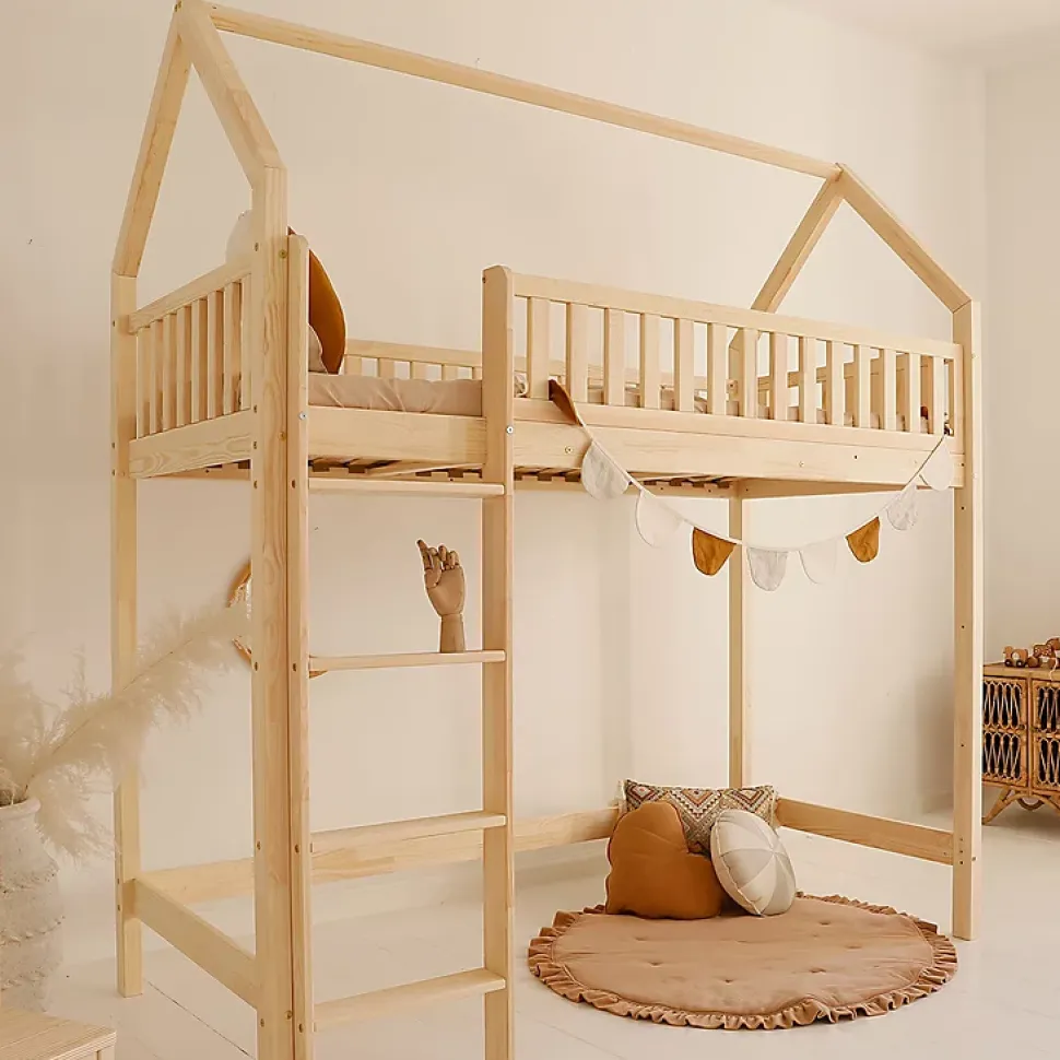 Lit cabane mi-hauteur 90x190 sommier inclus Daisy Bois