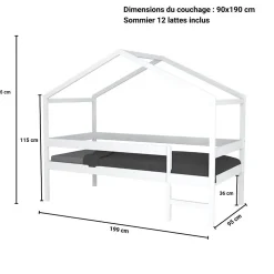 Lit cabane MIKA 90x190 + sommier + matelas IRIS / Blanc