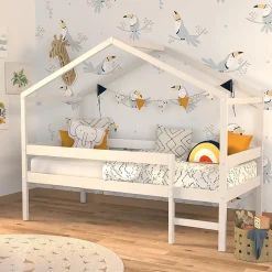 Lit cabane MIKA 90x190 + sommier + matelas IRIS / Blanc