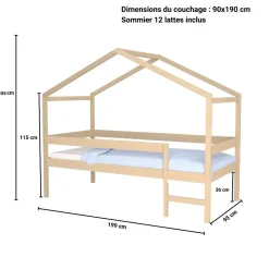 Lit cabane MIKA 90x190 + sommier + matelas IRIS / Naturel