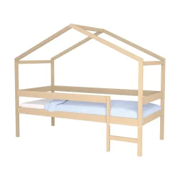 Lit cabane MIKA 90x190 + sommier + matelas IRIS / Naturel