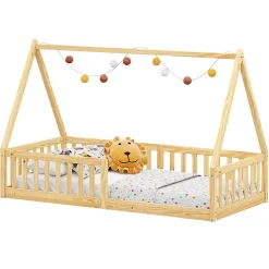 Lit cabane NICOLAS 90 x 190 cm, en pin massif coloris naturel