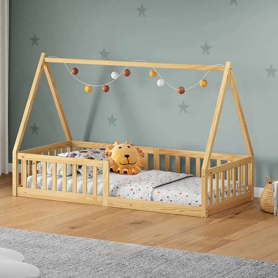 Lit cabane NICOLAS 90 x 190 cm, en pin massif coloris naturel