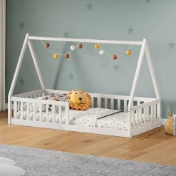 Lit cabane NICOLAS 90 x 190 cm, en pin massif laqué blanc