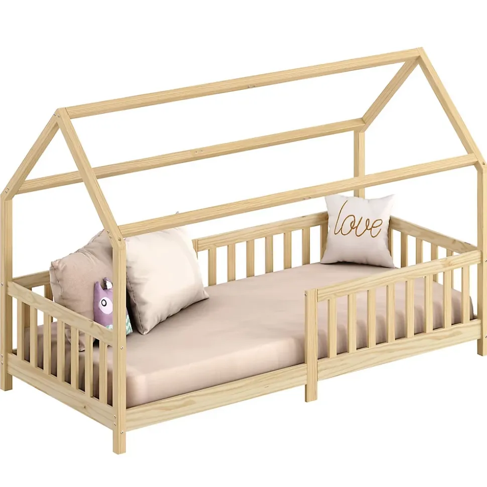 Lit cabane NINA 90 x 190 cm, en pin massif finition naturelle