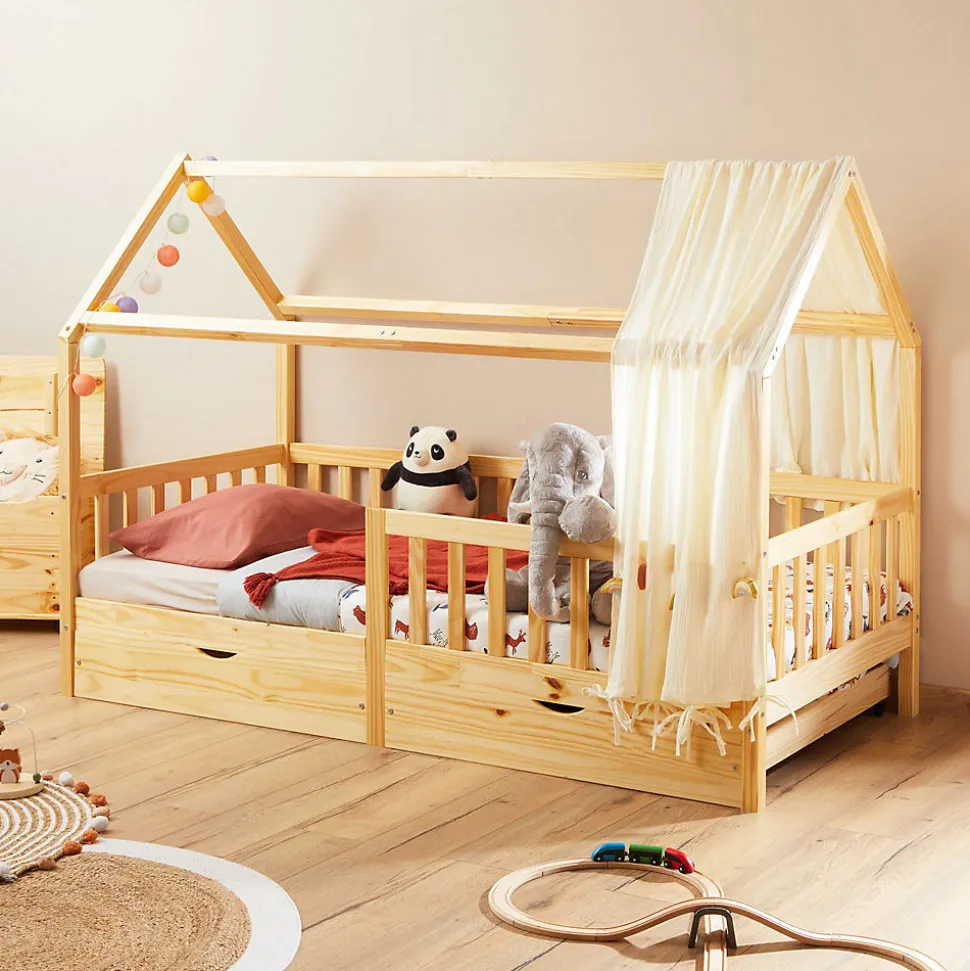 Lit cabane NUNA avec tiroirs, 90 x 200 cm en pin massif finition naturelle