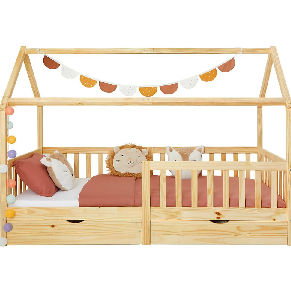 Lit cabane NUNA avec tiroirs, 90 x 200 cm en pin massif finition naturelle