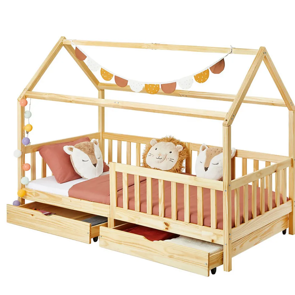 Lit cabane NUNA avec tiroirs, 90 x 200 cm en pin massif finition naturelle