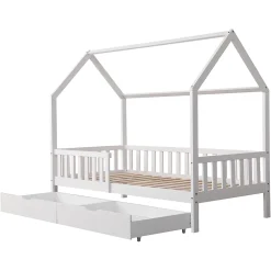 Lit cabane pour enfant 190x90cm blanc avec tiroirs MARCEAU - HAPPY GARDEN