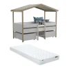 Lit cabane SAROSI avec tiroirs - 90 x 190 cm - Tilleul - Blanc et chêne + matelas