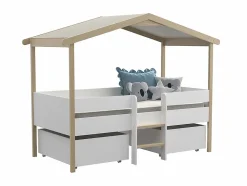 Lit cabane SAROSI avec tiroirs - 90 x 190 cm - Tilleul - Blanc et chêne + matelas