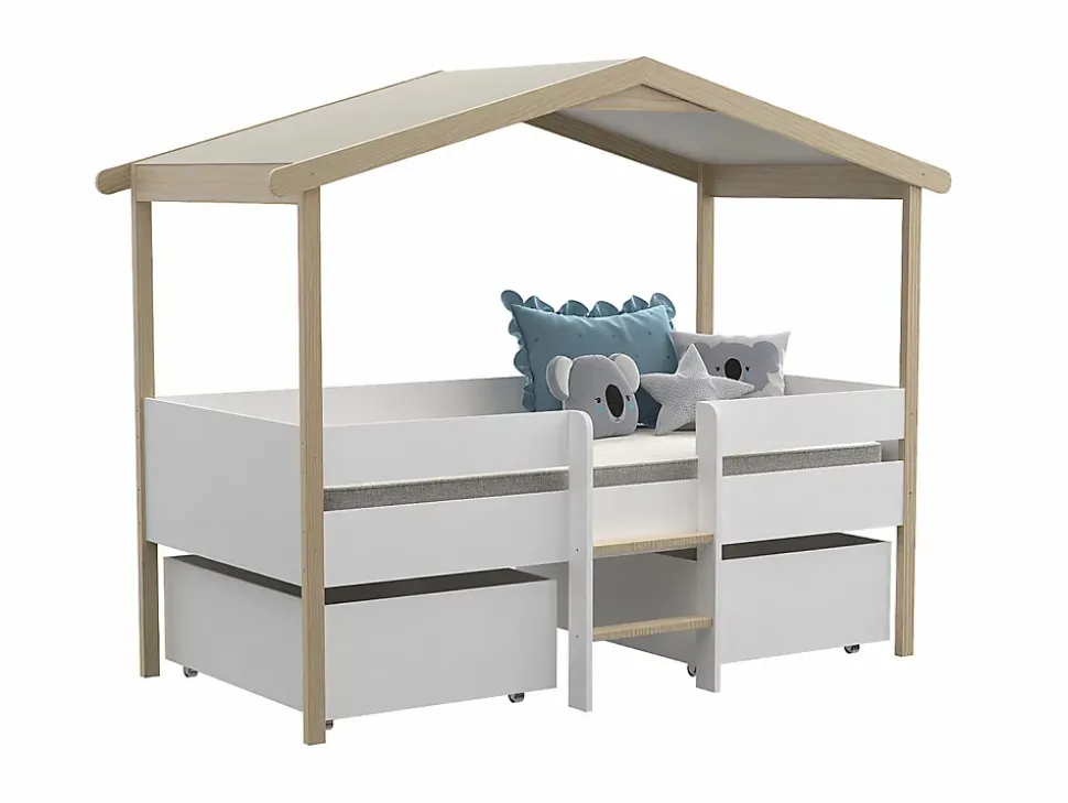 Lit cabane SAROSI avec tiroirs - 90 x 190 cm - Tilleul - Blanc et chêne + matelas